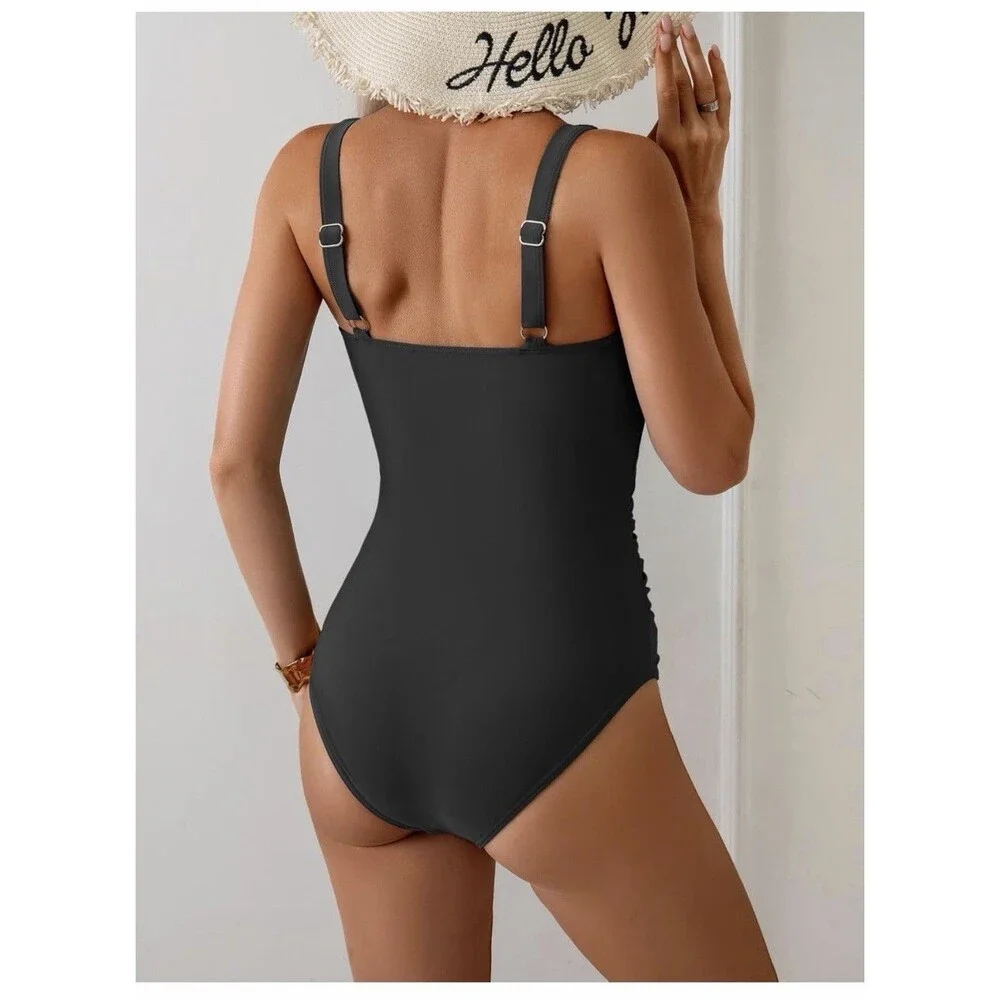 B2PRITY Women's Black One Piece Swimsuit Wide Strap Button Front Ruched, S